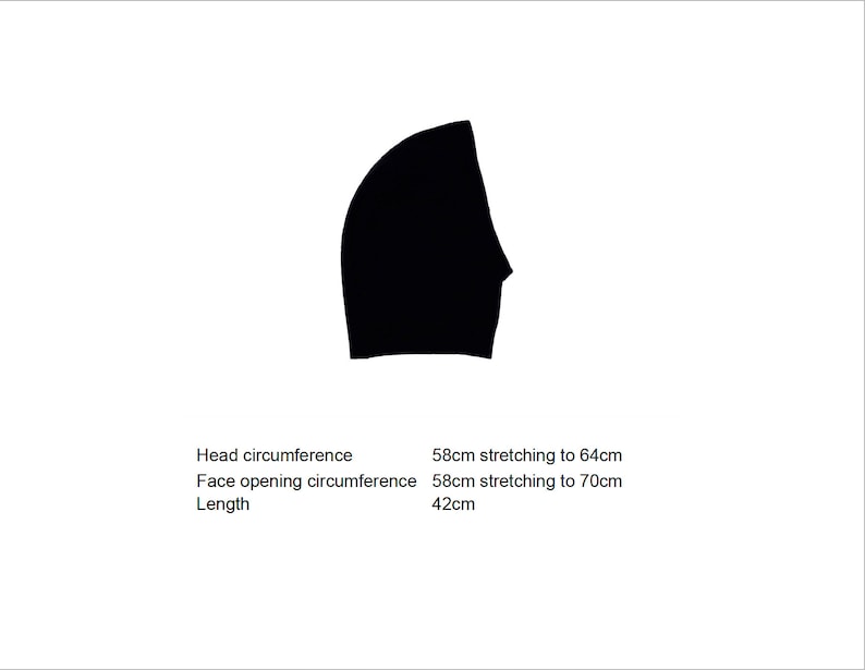 May include: Black swim cap with a head circumference of 58 cm stretching to 64 cm, a face opening circumference of 58 cm stretching to 70 cm, and a length of 42 cm.