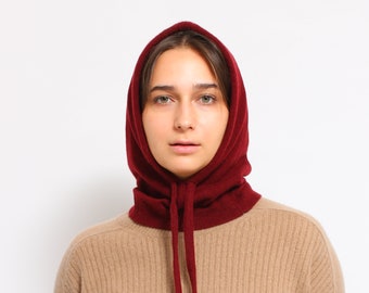 Pure Cashmere Balaclava Hood. Made from 100% Upcycled Cashmere in Burgundy color, Snood, Cowl scarf, Neck warmer, Winter Hat, Cagoule