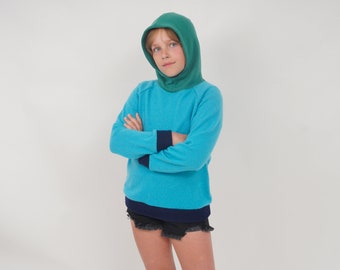 Upcycled Cashmere Jumper 8-12Y kids, Soft and warm sweater made from cashmere wool, Hoodie for boy/girl pullover, blue green color