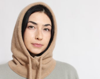 Pure Cashmere & Silk Hood with strings regulation. Made from 100% Upcycled Cashmere with natural Silk lining, Snood, Balaclava, Neck wrap