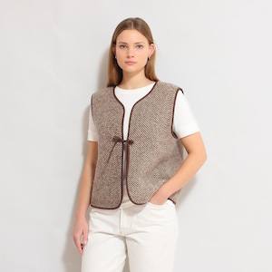100% Upcycled Wool Vest | Brown Herringbone Pure Wool | Warm Dressing Waistcoat | Virgine Wool