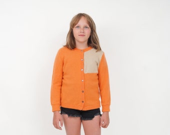 Upcycled Cashmere Cardigan for 8-10Y kids, Soft and warm sweater made from cashmere wool, boy/girl pullover, orange and beige color