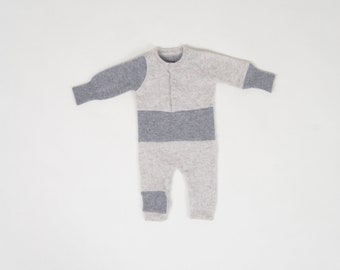 Upcycled Cashmere Baby Suit for baby’s 0-3 months, Pure Cashmere Romper, Grey Overall, Footless Romper