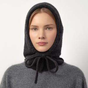 Pure Cashmere Hood in Charcoal Grey color with strings regulation. Made from 100% Upcycled Cashmere, hood, snood, cowl scarf, neck warmer