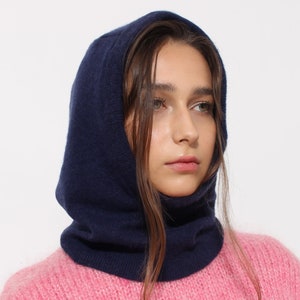 Pure Cashmere Balaclava Hood. Made from 100% Upcycled Cashmere in Navy Blue color, snood, cowl scarf, neck warmer, neck wrap, hat, cagoule