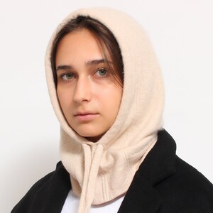 Pure Cashmere Hood in Light Beige color with strings regulation. Made from 100% Upcycled Cashmere, hood, snood, cowl scarf, neck warmer