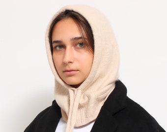 Pure Cashmere Hood in Light Beige color with strings regulation. Made from 100% Upcycled Cashmere, hood, snood, cowl scarf, neck warmer