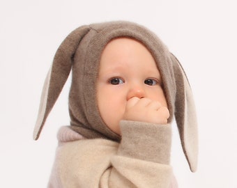 100% Cashmere Wool Kids Balaclava Bunny Ears/Can be worn as a Face Mask,Hood,Neck Warmer instead of a hat/Great for outdoor/Baby Toddler