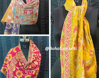 Reversible Cotton Kantha Scarf, Handmade Indian Stole