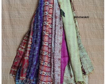 Scarves Indian Art silk shawls kantha scarf for women Quilt scraps Hippie Boho Vintage Handmade Scarf