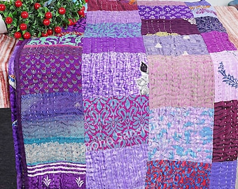 Recycled Indian Sari Silk Patchwork Blanket,Handmade Kantha Quilt