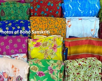 Wholesale Lot: Vintage Art Silk Sari Fabric, Recycled Indian Saris