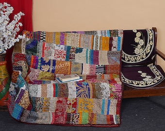 Handmade Patchwork Silk Kantha Quilt - Vintage Indian Bedspread