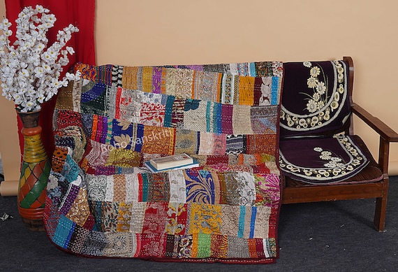 Handmade Patchwork Silk Kantha Quilt - Vintage Indian Bedspread