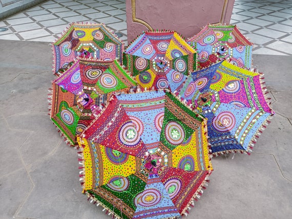 Wholesale Lot Decorative Indian Hand Embroidered Cotton Umbrellas Ethnic Sun Protected Parasol Umbrellas Wedding