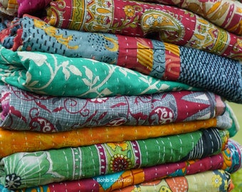 Wholesale Vintage Kantha Quilt Lot, Handmade Indian Throw, Reversible Bohemian Bedspread
