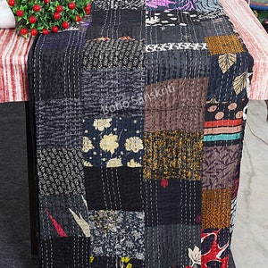 Recycled Indian Sari Silk  Patchwork Blanket,Handmade Kantha Quilt