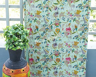 Edredón indio Kantha con estampado Paradise, 100 % algodón, hecho a mano