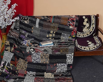 Indian Patola Silk Kantha Quilt, Vintage Queen Bedspread
