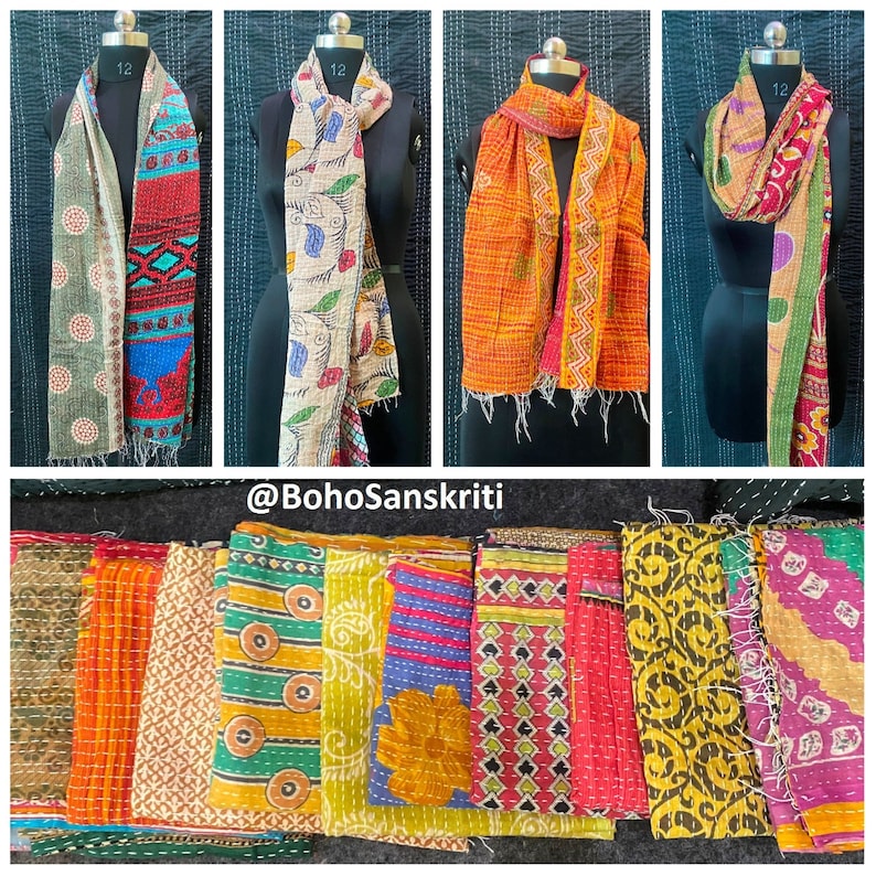 May include: A collection of colourful kantha quilts, also known as kantha stitch, with various patterns and designs. The quilts are made from recycled saris and are a traditional Indian craft. The quilts are arranged in a row and are all different sizes. The quilts are all made of cotton and are soft and comfortable. The quilts are perfect for adding a touch of colour and style to any room.