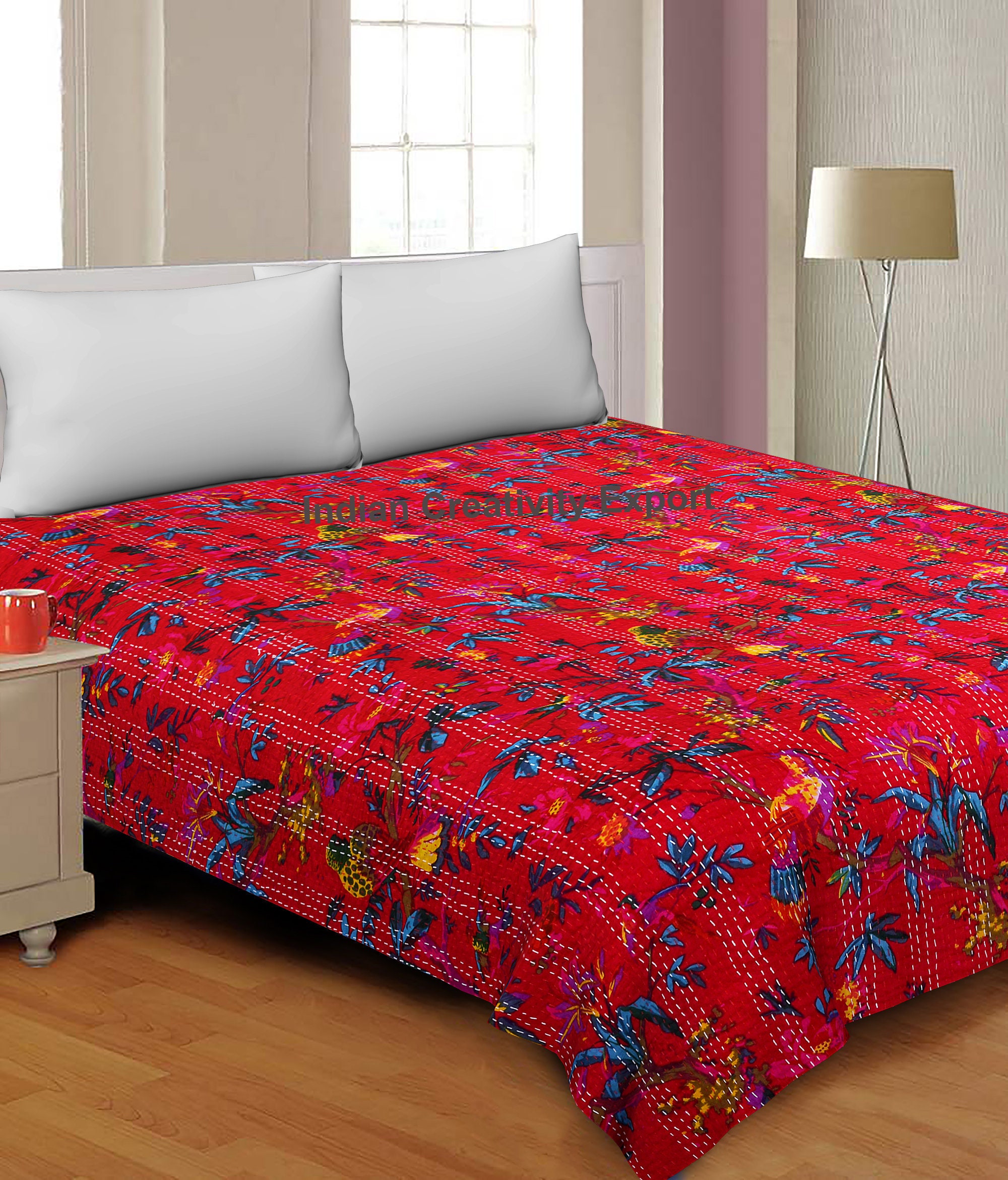 Kantha Quilt 100Cotton Queen Size Indian Quilt Hand Stitched Etsy