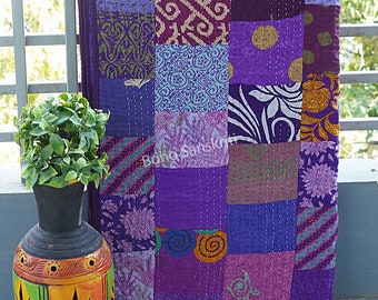 Trapunta Kantha patchwork boho: copriletto vintage fatto a mano