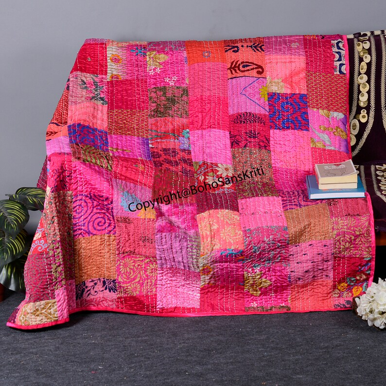 Buy Bohemian Indian Silk Patchwork Kantha Quilt Boho Throw Blanket ...