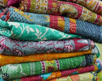 Indian Vintage Kantha Quilt Handmade Throw Reversible Cotton Blankets (Assorted Colors)