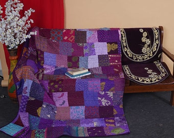 Silk Patchwork Quilt, kantha blanket, sari blanket, throws,  Vintage queen size blanket, bed spread, bed sheets