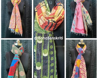 Handmade Recycled Cotton Kantha Scarf: Boho Reversible Wrap