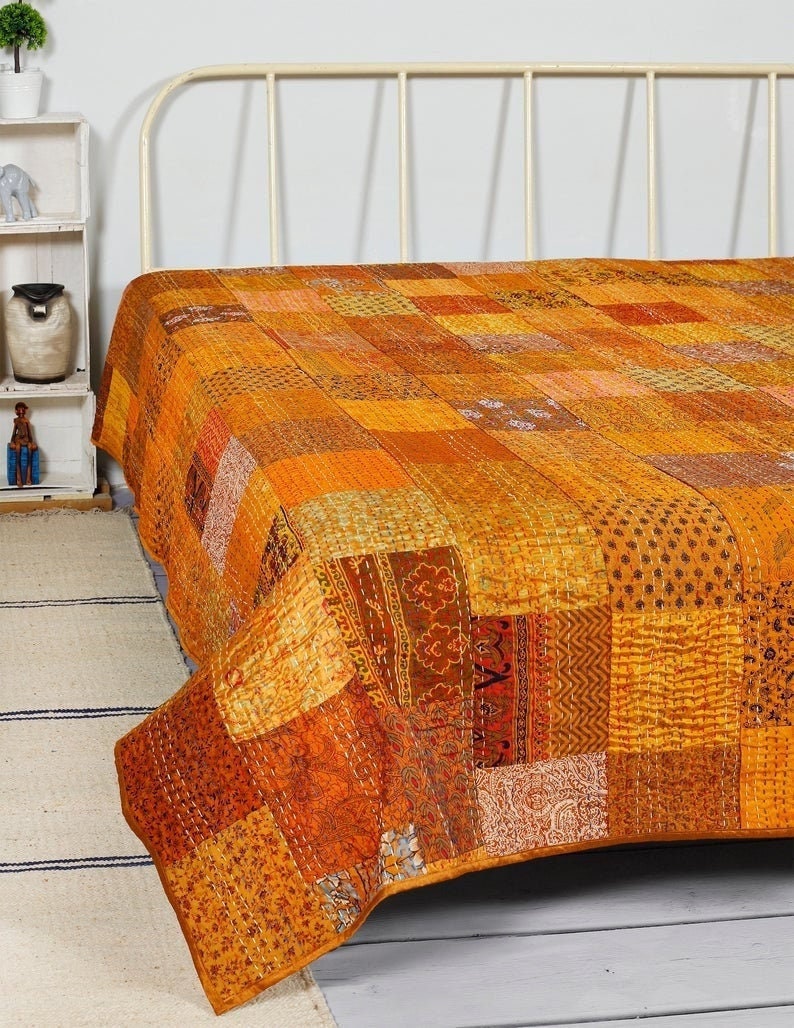 Vintage Patchwork Kantha Quilt Blanket Indian Quilts Bedspread QueenCotton Throw 