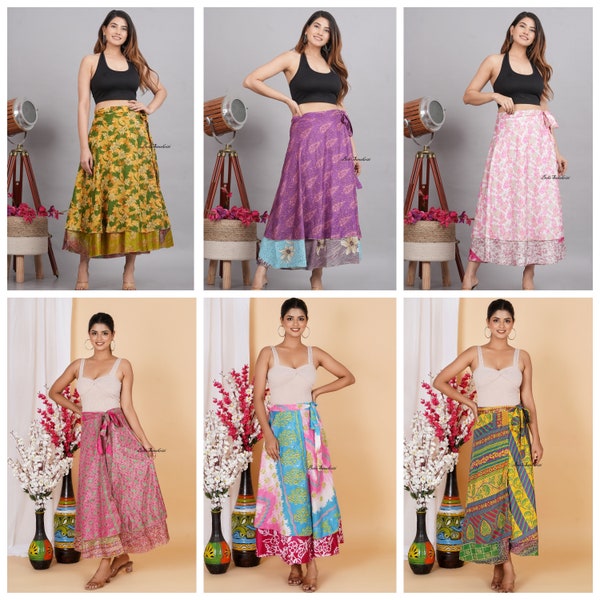 Verkauf auf indischer Wendbarer Seide Frauen Wickelrock Free Size Art Silk Sari Doppelschicht mit Krawatte Langer Rock Handgemachte Vintage Boho Maxi Röcke