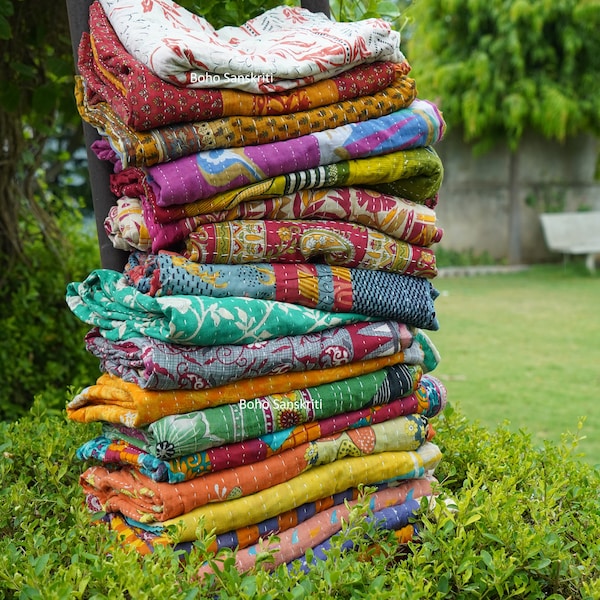 Sale On Indian Vintage Cotton Kantha Quilts Handmade Sari Kantha Throw Blankets Sun Dance Beautiful Bohemian Bedding Blankets