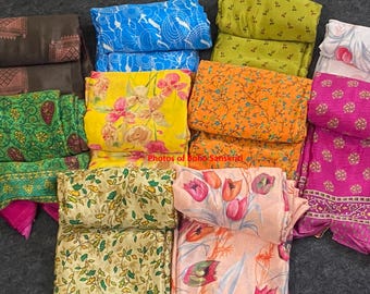Vintage zijden sari met bloemenprint, gerecyclede boho-stof (6,5 yards)