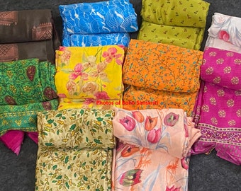 Tecido de sari vintage em seda artificial, sari indiano reciclado, 6,5 jardas.