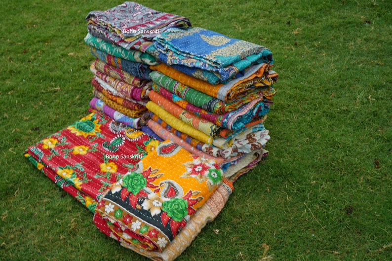 Wholesale Lot Of Indian Vintage Kantha Quilt Handmade Throw Reversible Blanket image 2