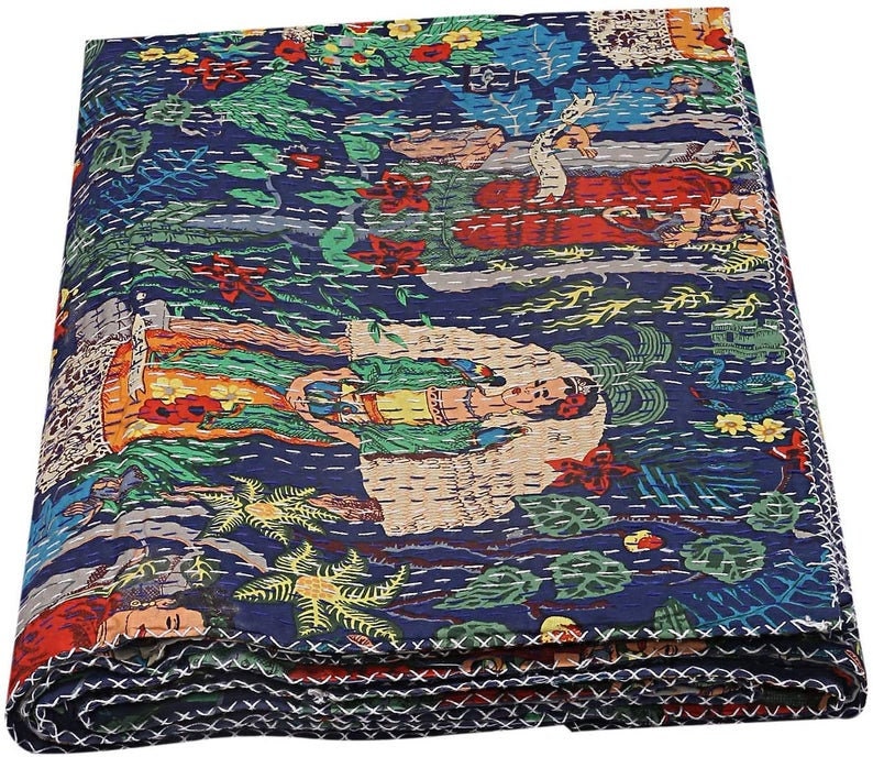 Cotton Bedspread Indian Kantha Comforter Kantha Quilt Queen Etsy