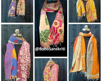 Vintage Indian Kantha Scarf, Reversible Cotton Wrap, Handmade Bohemian Style