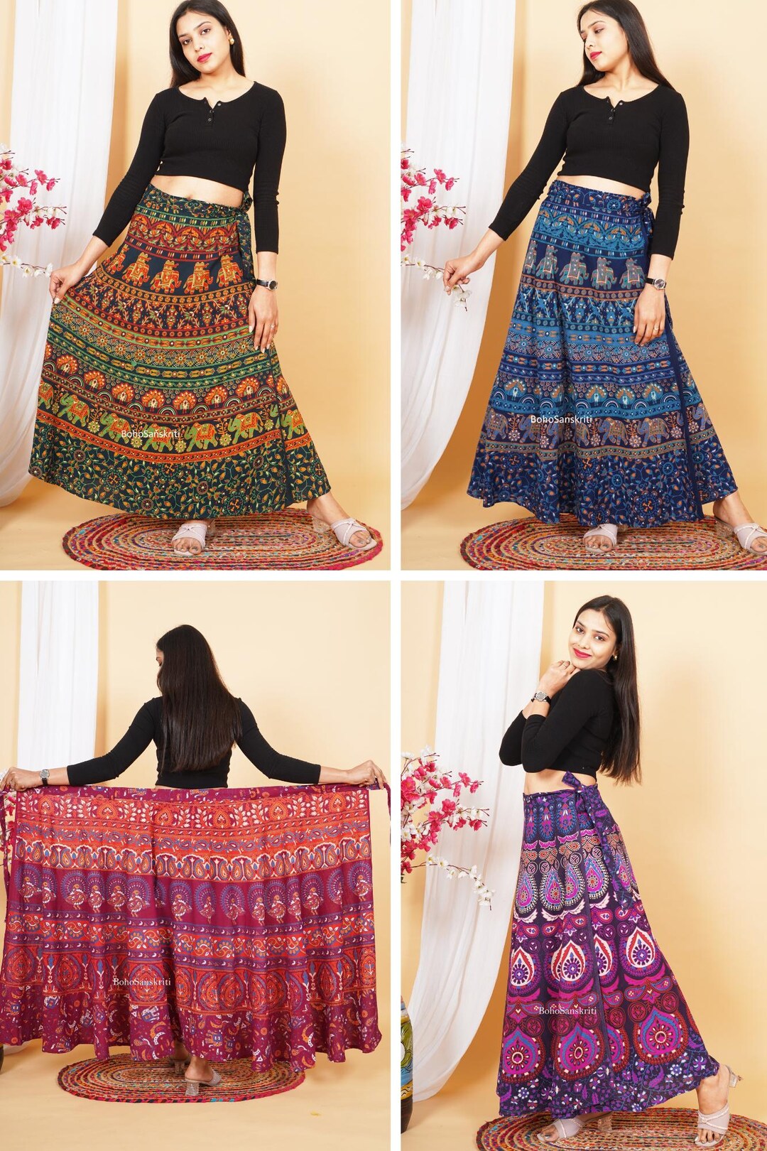 Handmade Block Print Cotton Long Skirt, Indian Wrap Skirt, Boho
