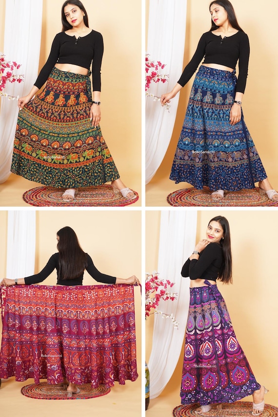 Handmade Block Print Cotton Long Skirt, Indian Wrap Skirt, Boho