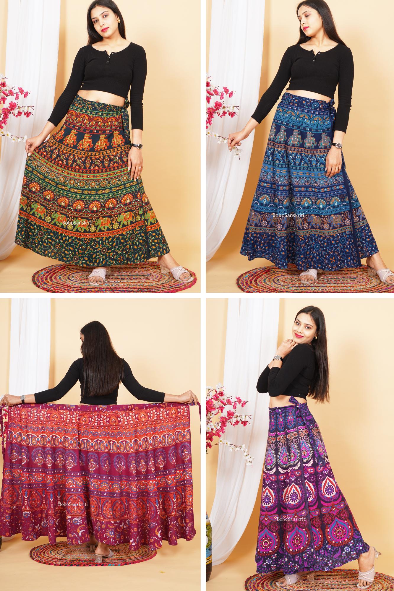 Handmade Block Print Cotton Long Skirt, Indian Wrap Skirt, Boho