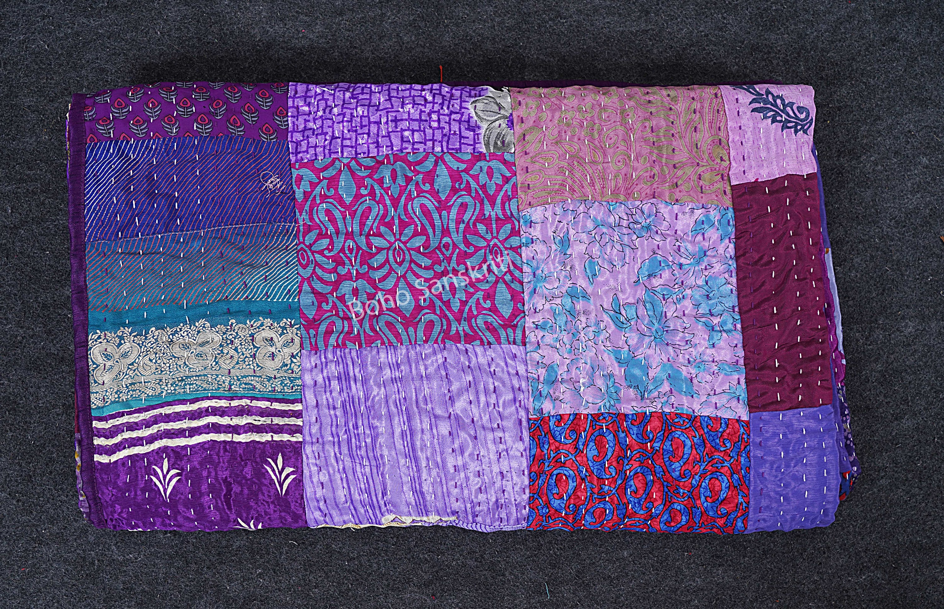 Copriletto in cotone Kantha indaco fatto a mano, coperta reversibile