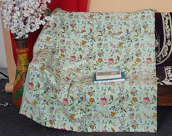Printed Cotton Kantha Quilt Blanket: Handmade Indian Bedspread