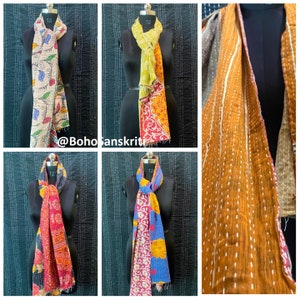 May include: Five different colourful kantha scarves with various patterns and colours. The scarves are made from recycled saris and are perfect for adding a touch of bohemian style to any outfit.