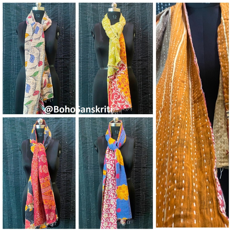 May include: Five different colourful kantha scarves with various patterns and colours. The scarves are made from recycled saris and are perfect for adding a touch of bohemian style to any outfit.