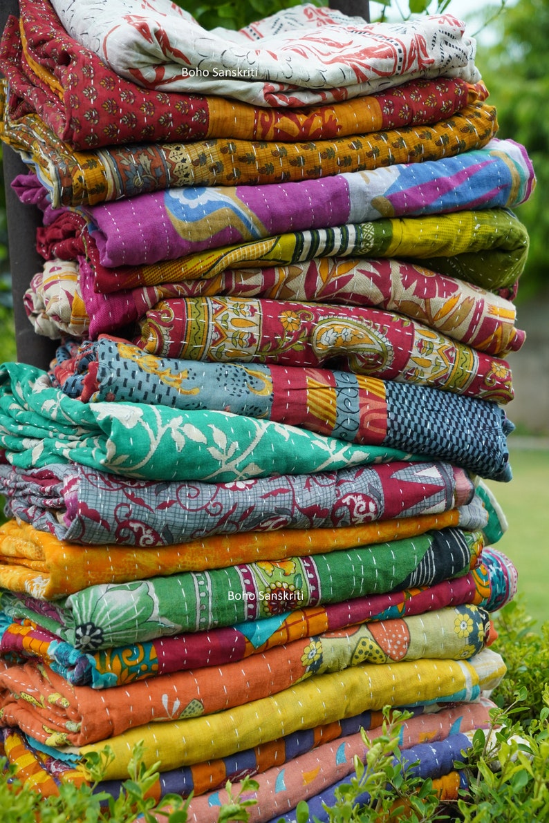 Wholesale Lot Of Indian Vintage Kantha Quilt Handmade Throw Reversible Blanket image 1