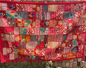 Indian Heavy Embroidered Wall Hanging Vintage Sari Zari Work Tapestry Handmade Throw Decorative Tapestries Patchwork Beads Runner 60" x 40"