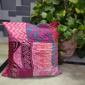 Indian decorative pillows kantha cushion cover 16x16 pillow cover cushions cover Handmade Silk Patchwork Cushions Covers Pink