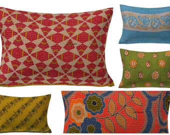 Handmade Kantha Pillow Cover, Bohemian Patchwork Cushion, 16x24