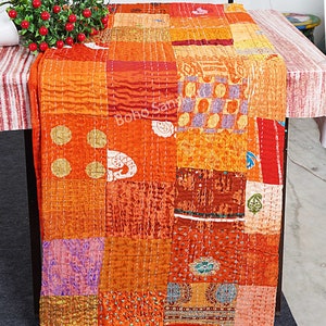 PATCHWORK KANTHA QUILT Indian Vintage Throw Blanket Silk Bedcover Handmade Bohemian Coverlets Queen Twin size Bedspread Quilts For Sale Orange